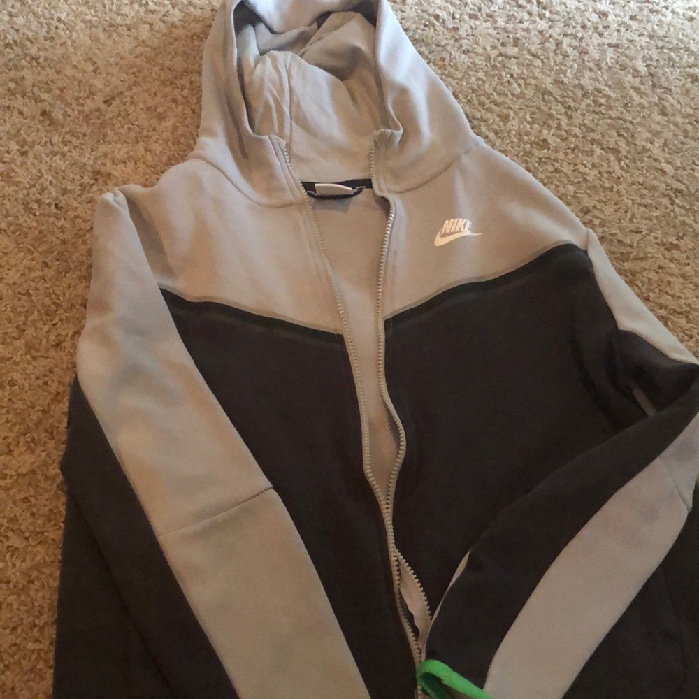 Nike zip up hoodie, gray with green trim and pocket on sleeve